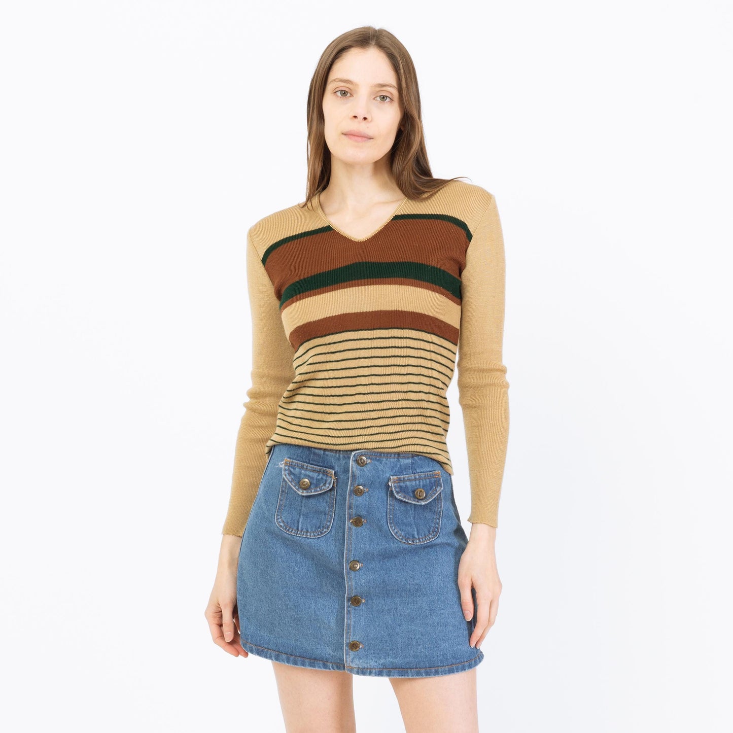Vintage 70s Earth Tone Striped Knit Top - Small | Retro Tan & Brown Lightweight Sweater
