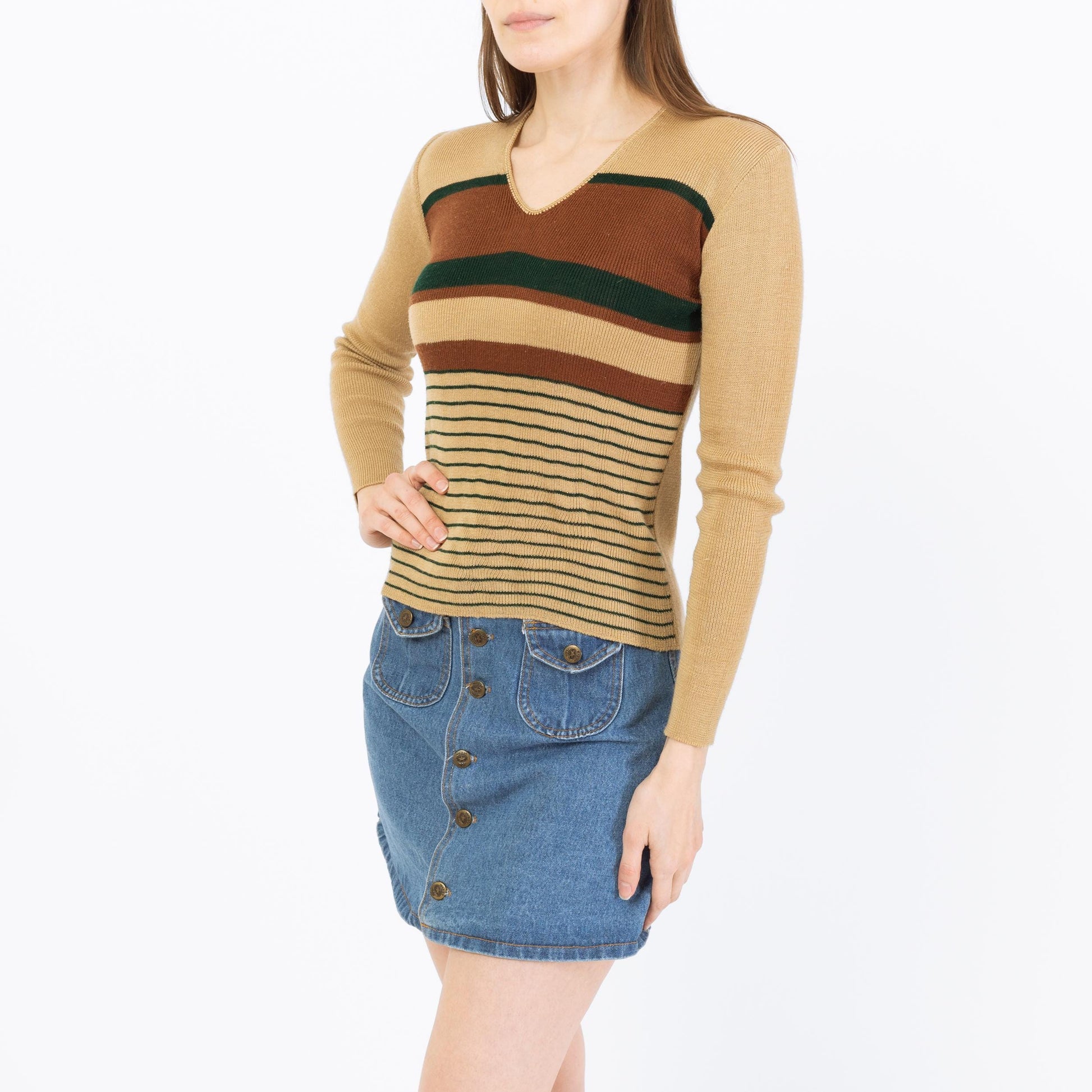 Vintage 70s Earth Tone Striped Knit Top - Small | Retro Tan & Brown Lightweight Sweater