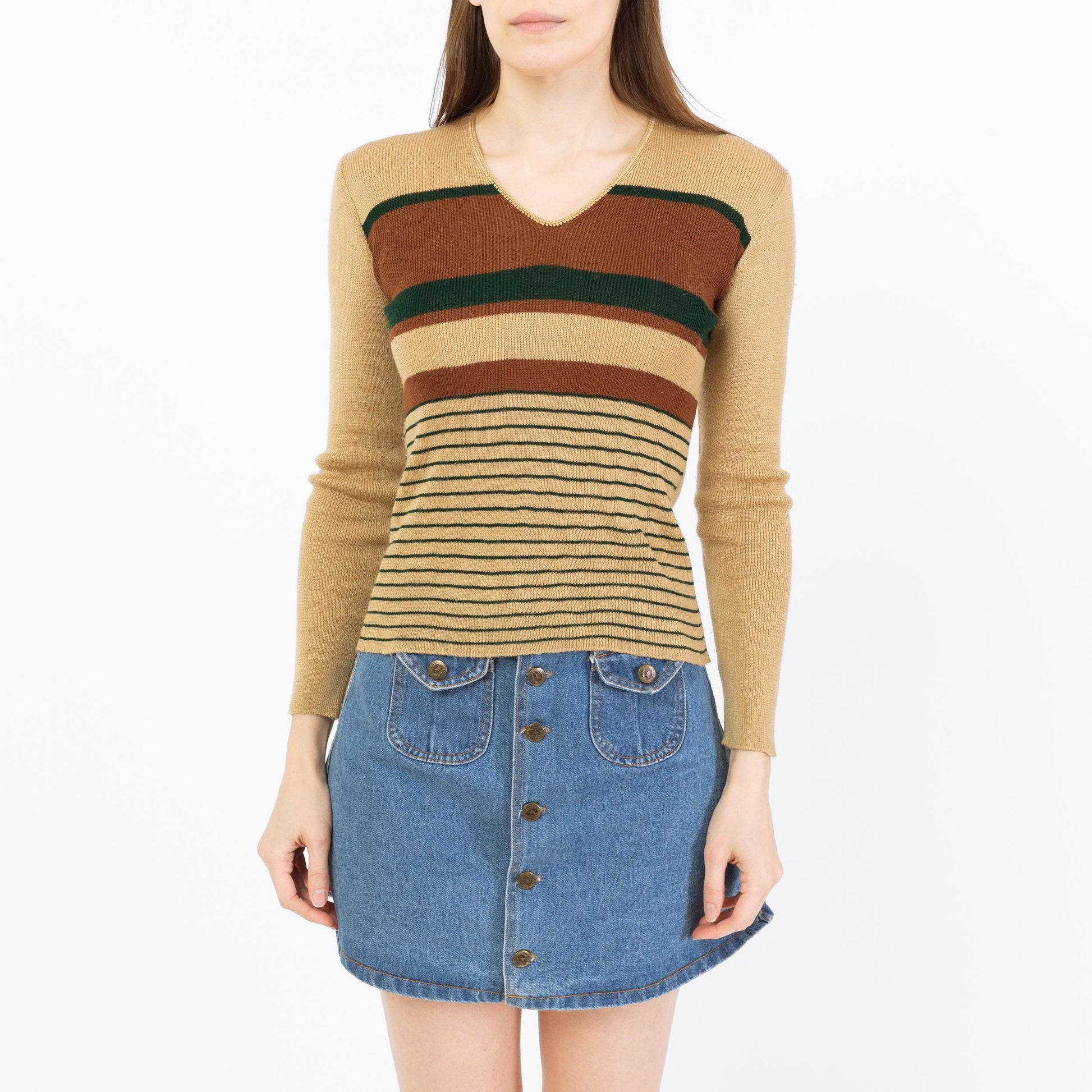 Vintage 70s Earth Tone Striped Knit Top - Small | Retro Tan & Brown Lightweight Sweater