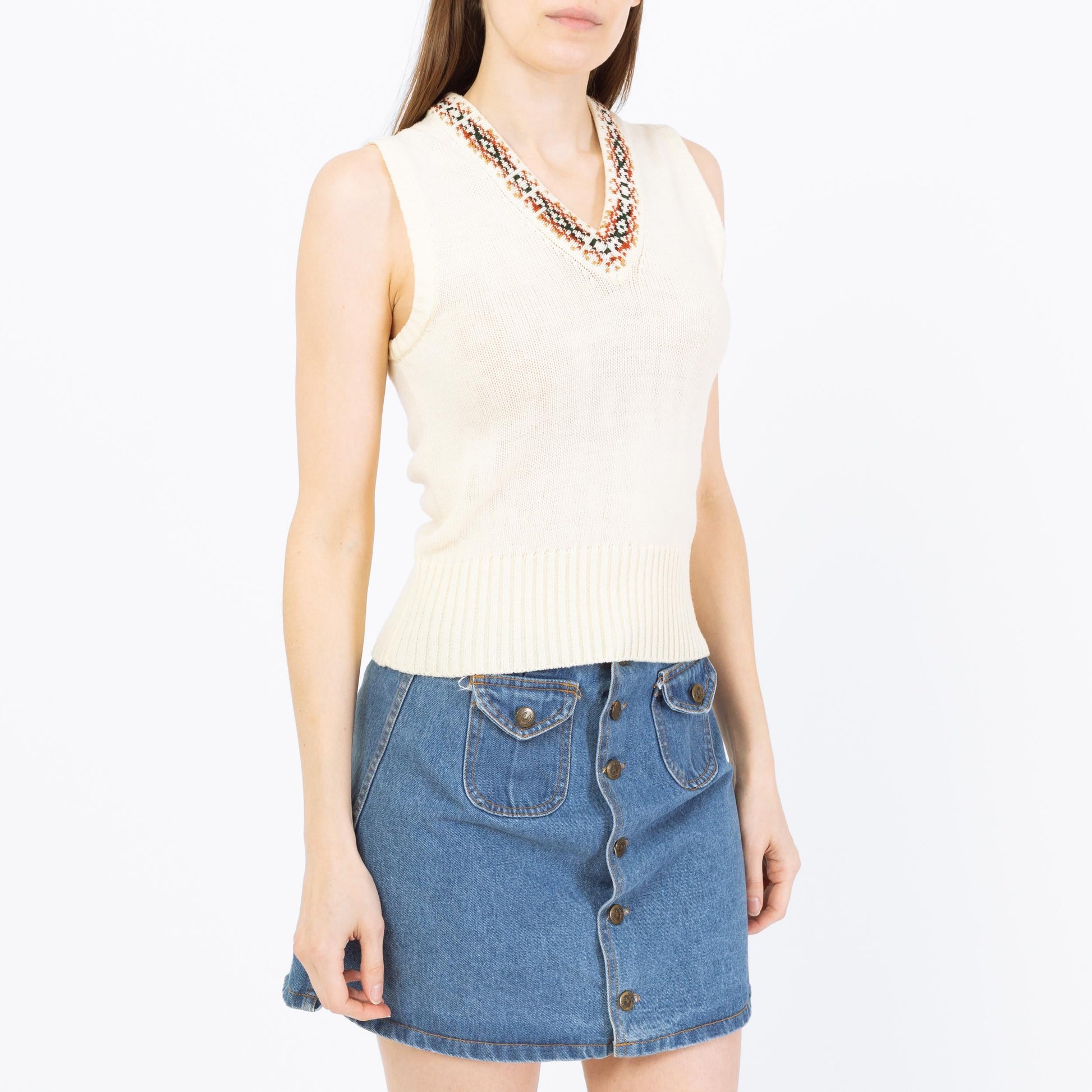 Vintage 70s Southwestern Knit Sweater Vest - Small | Boho Cream Sleeveless Top