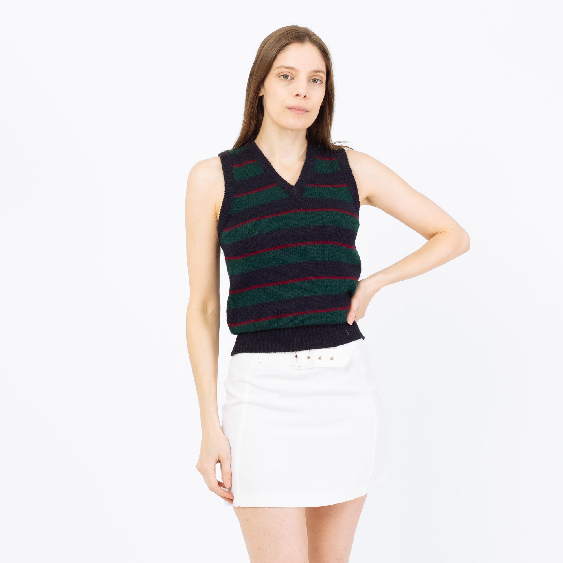 Vintage 80s Ralph Lauren Wool Knit Sweater Vest - Extra Small | Preppy Navy Blue Striped Sleeveless Top