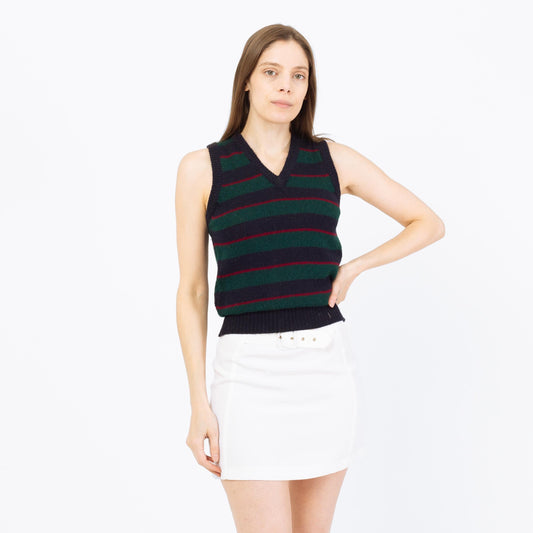 Vintage 80s Ralph Lauren Wool Knit Sweater Vest - Extra Small | Preppy Navy Blue Striped Sleeveless Top