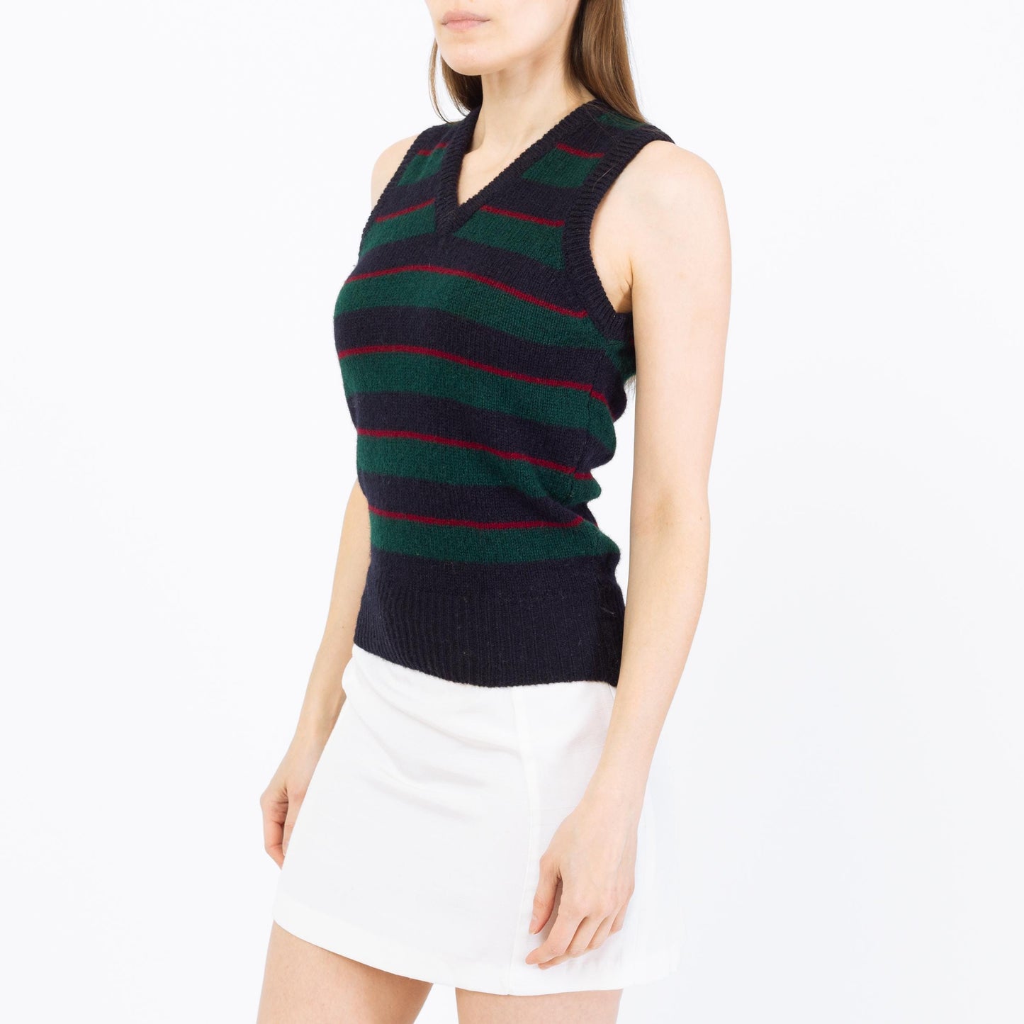 Vintage 80s Ralph Lauren Wool Knit Sweater Vest - Extra Small | Preppy Navy Blue Striped Sleeveless Top