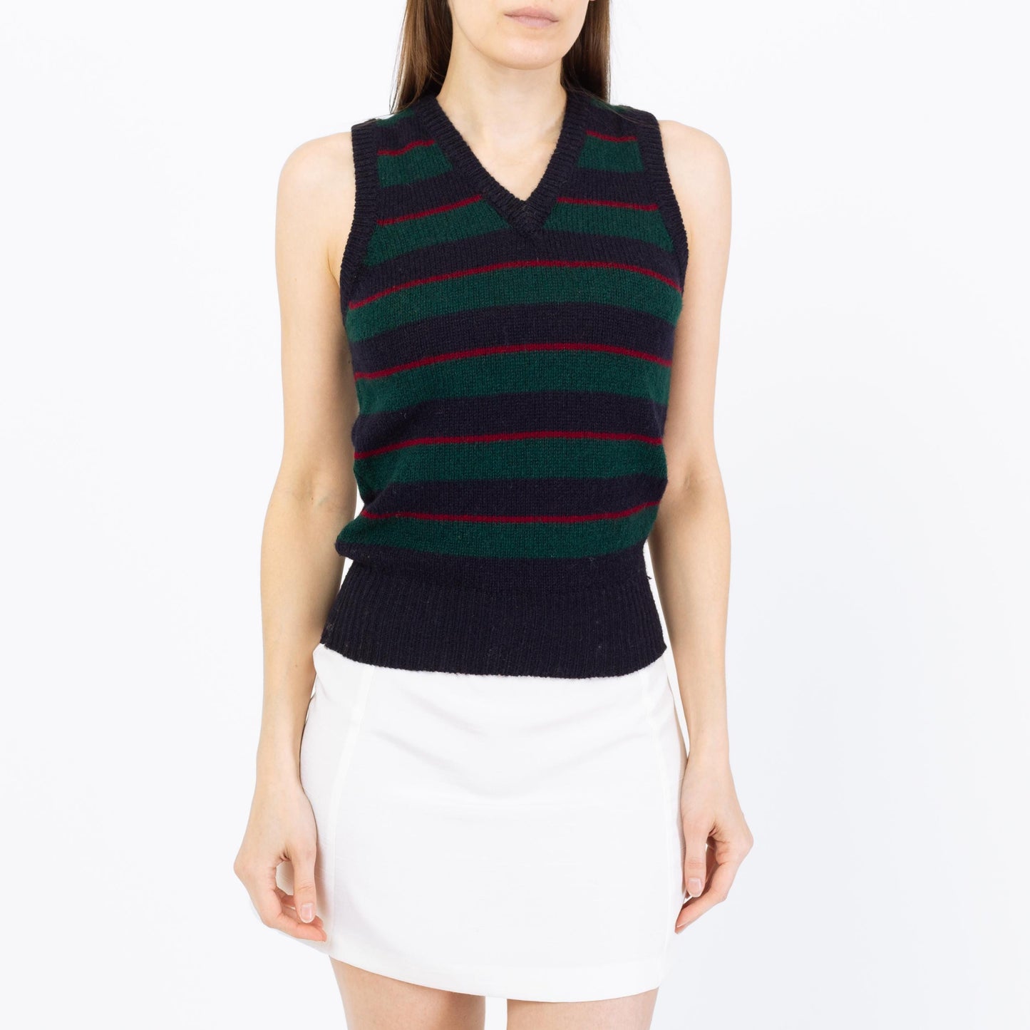 Vintage 80s Ralph Lauren Wool Knit Sweater Vest - Extra Small | Preppy Navy Blue Striped Sleeveless Top