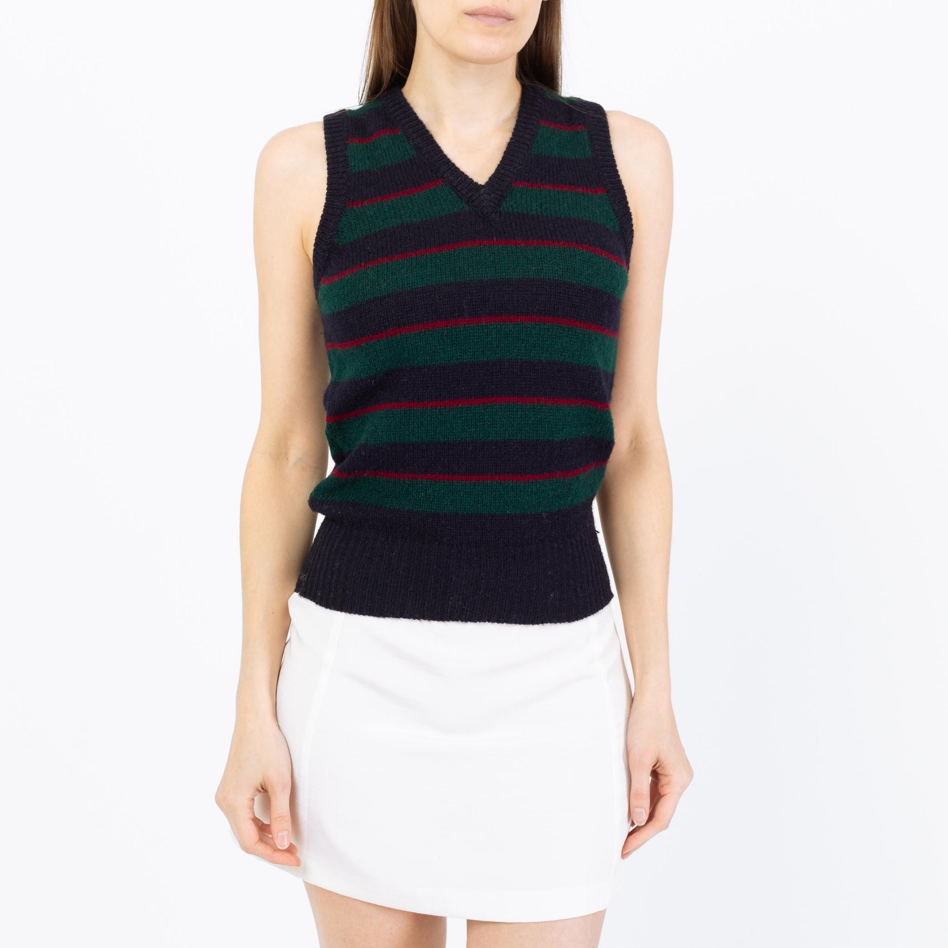 Vintage 80s Ralph Lauren Wool Knit Sweater Vest - Extra Small | Preppy Navy Blue Striped Sleeveless Top