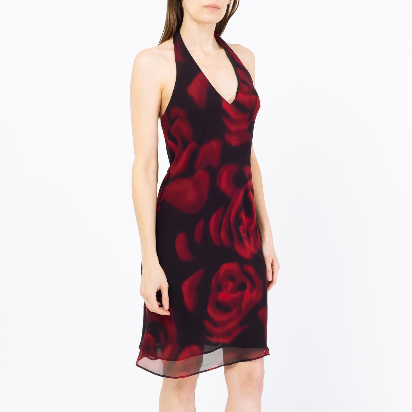 Vintage Y2K Silk Rose Print Halter Mini Dress - Extra Small, Size 1-2 | Sleeveless V Neck Bias Cut Party Dress