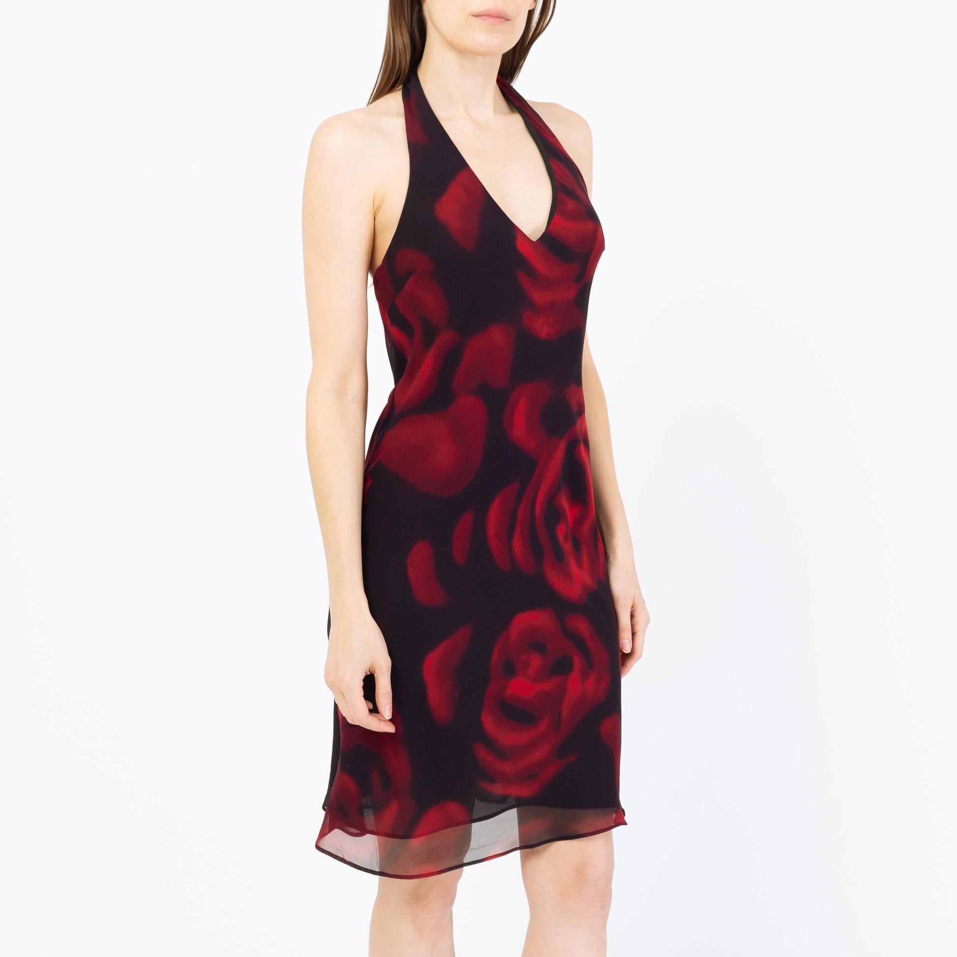 Vintage Y2K Silk Rose Print Halter Mini Dress - Extra Small, Size 1-2 | Sleeveless V Neck Bias Cut Party Dress