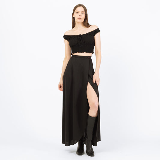 Vintage 70s Black Maxi Wrap Skirt - Extra Small, 23" Waist | Gothic High Waisted Long Skirt