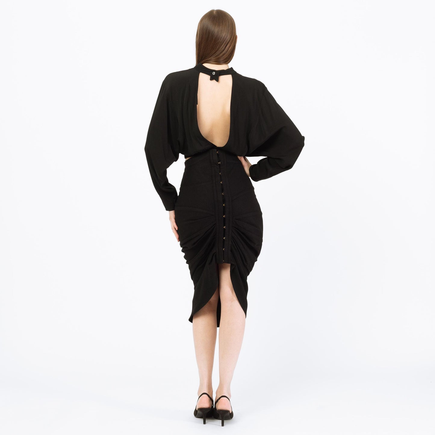 Vintage 80s Nick Coleman Black Wool Wiggle Skirt - Small | Avant-Garde Designer High Low Midi Pencil Skirt