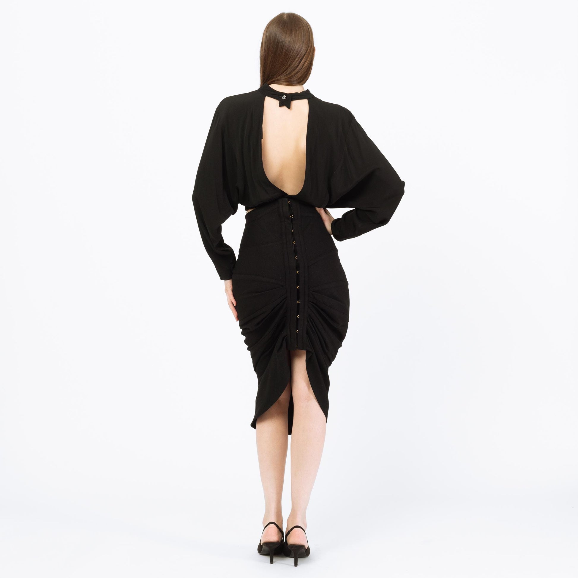 Vintage 80s Nick Coleman Black Wool Wiggle Skirt - Small | Avant-Garde Designer High Low Midi Pencil Skirt