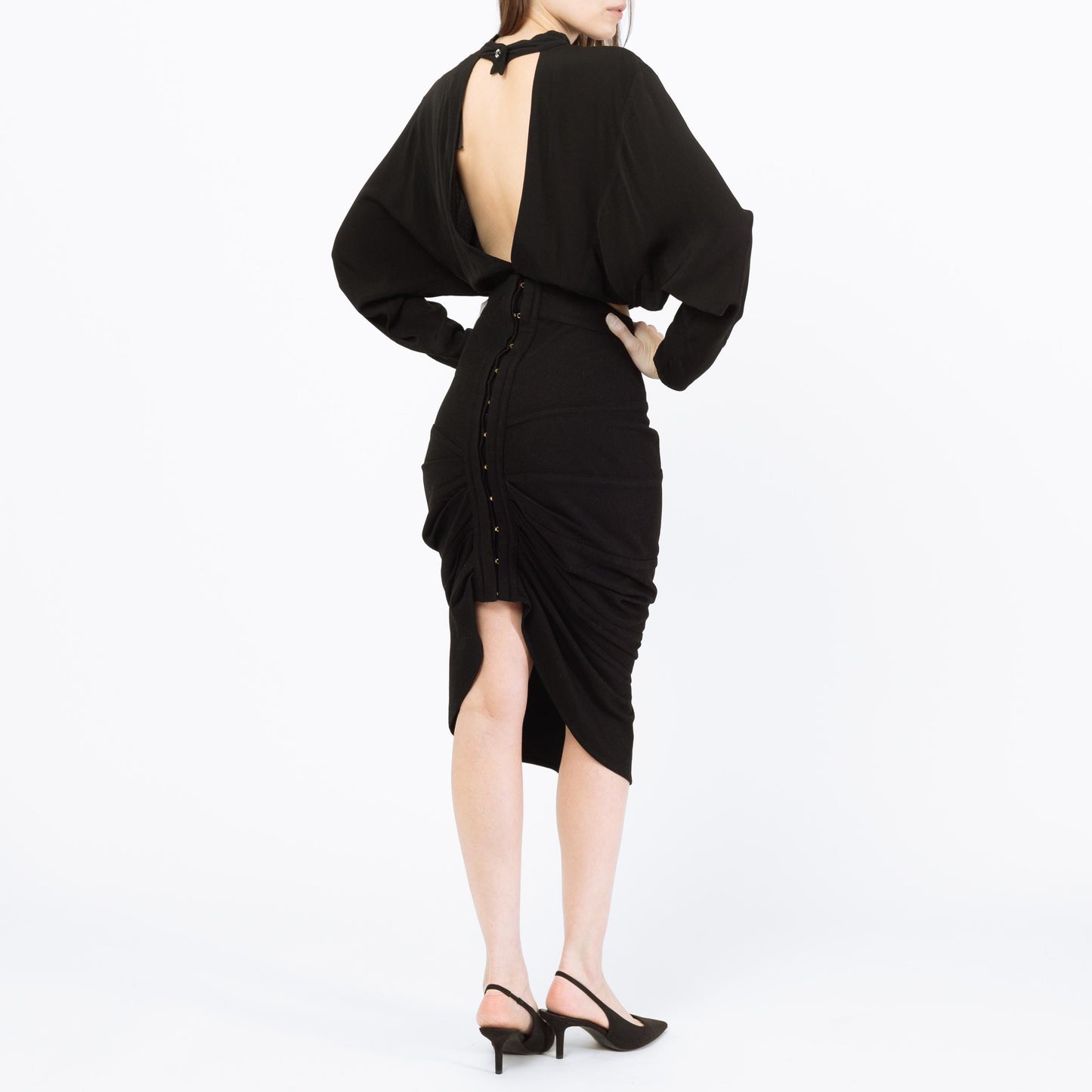 Vintage 80s Nick Coleman Black Wool Wiggle Skirt - Small | Avant-Garde Designer High Low Midi Pencil Skirt