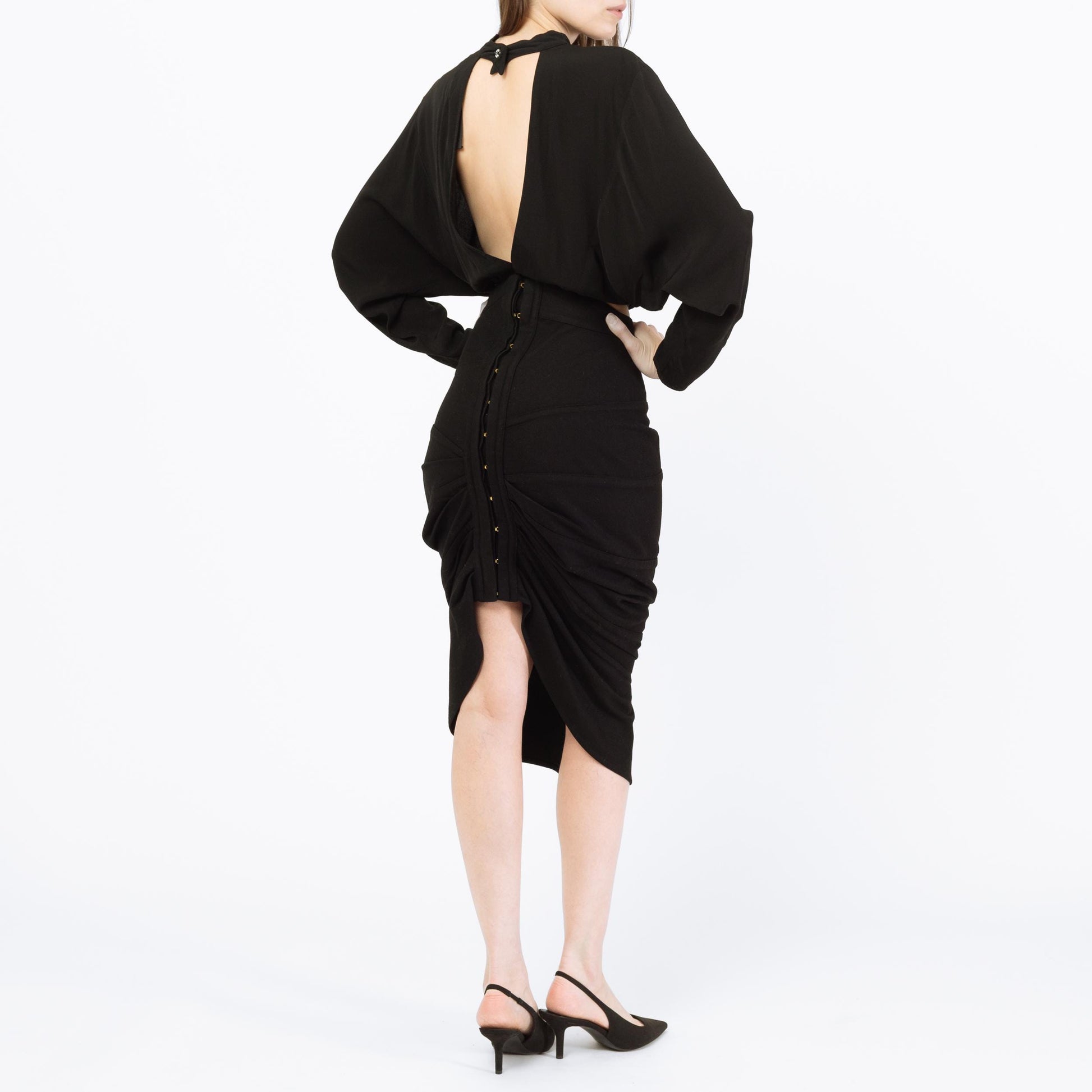 Vintage 80s Nick Coleman Black Wool Wiggle Skirt - Small | Avant-Garde Designer High Low Midi Pencil Skirt