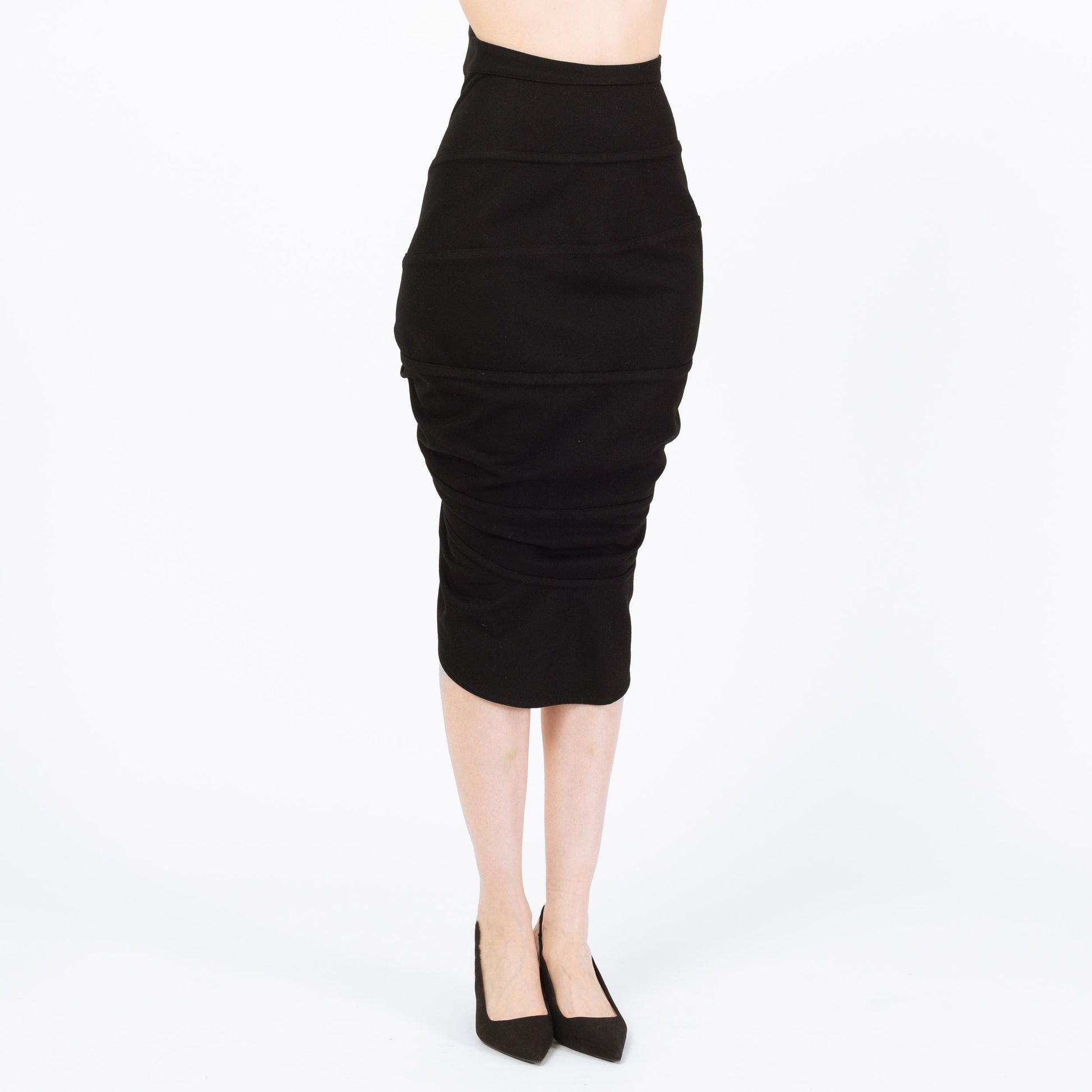 Vintage 80s Nick Coleman Black Wool Wiggle Skirt - Small | Avant-Garde Designer High Low Midi Pencil Skirt