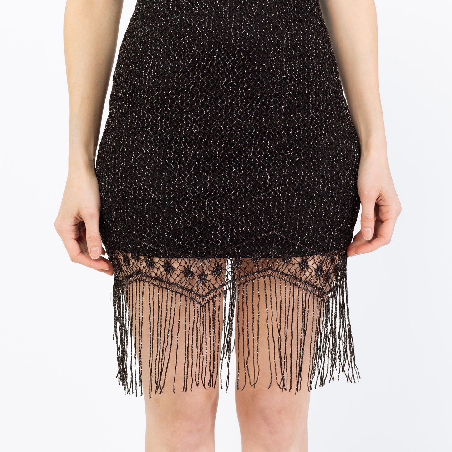 Vintage Y2K Black Metallic Crochet Fringe Party Dress - XS to Small | Knit Bodycon Flapper Halter Mini Dress