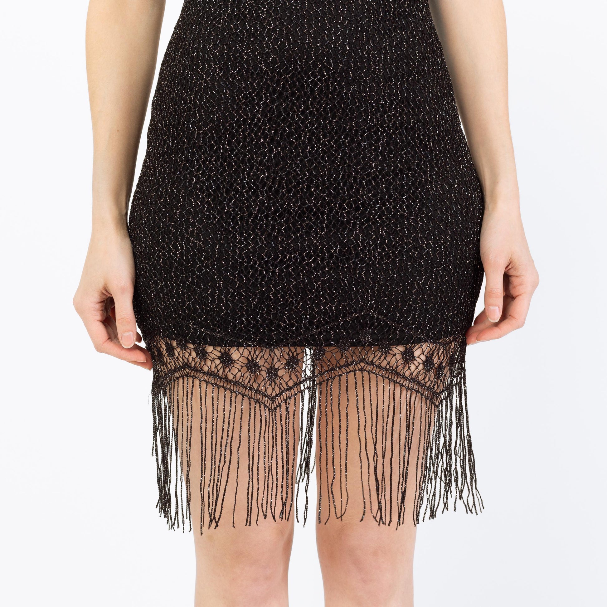 Vintage Y2K Black Metallic Crochet Fringe Party Dress - XS to Small | Knit Bodycon Flapper Halter Mini Dress