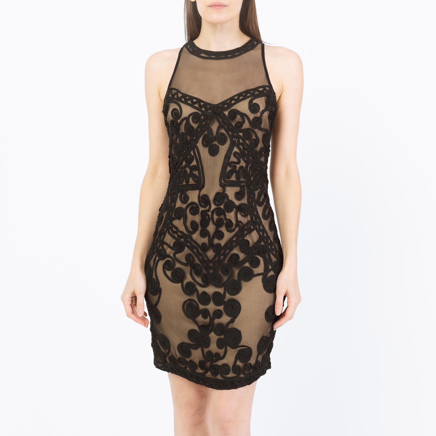Vintage 90s Caché Sheer Illusion Lace Dress - Small | Black Keyhole Back Bodycon Party Dress