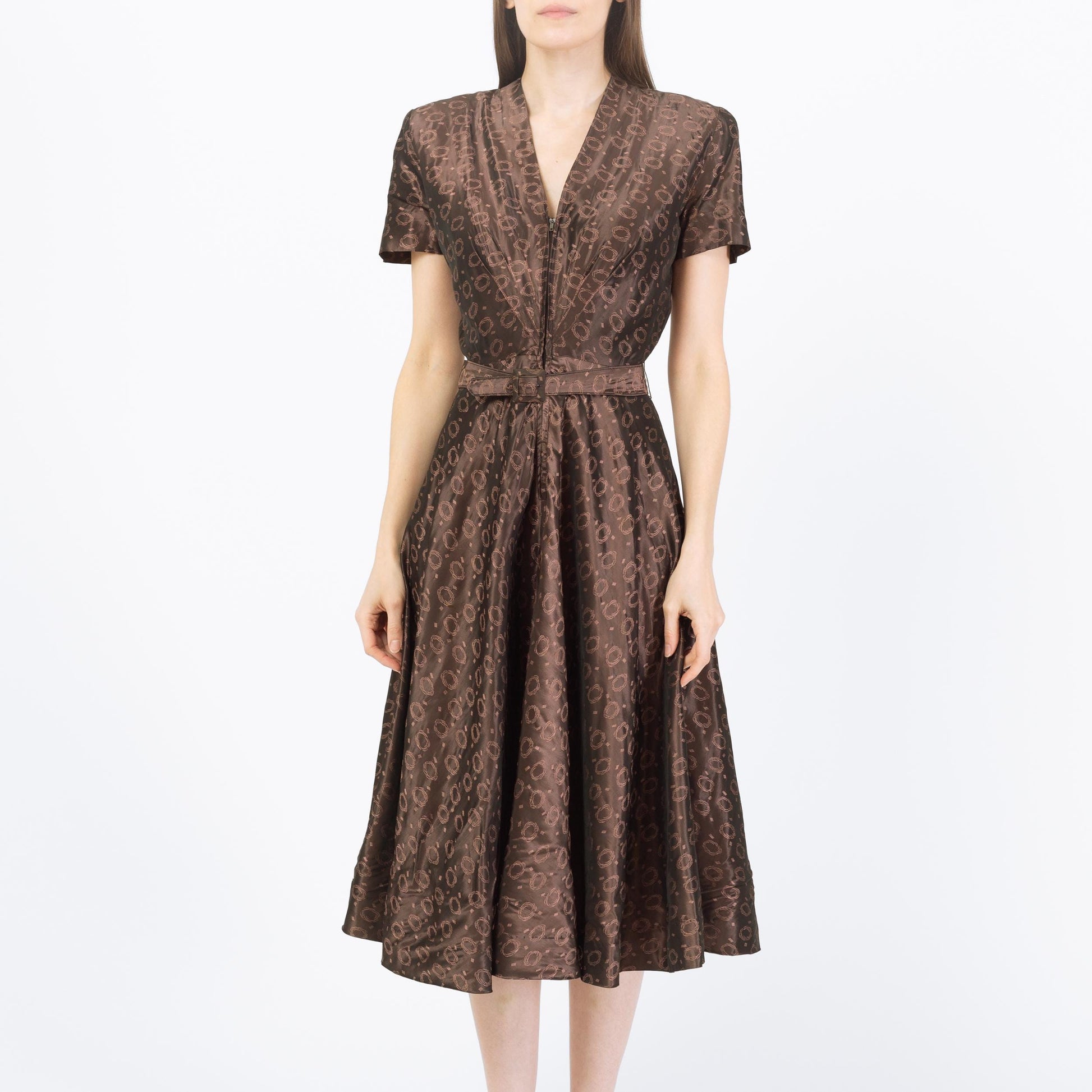 Vintage 1940s Brown Taffeta Swirl Print Deco Midi Dress - Small | Retro 40s Fit & Flare Belted Shirtwaist Dress