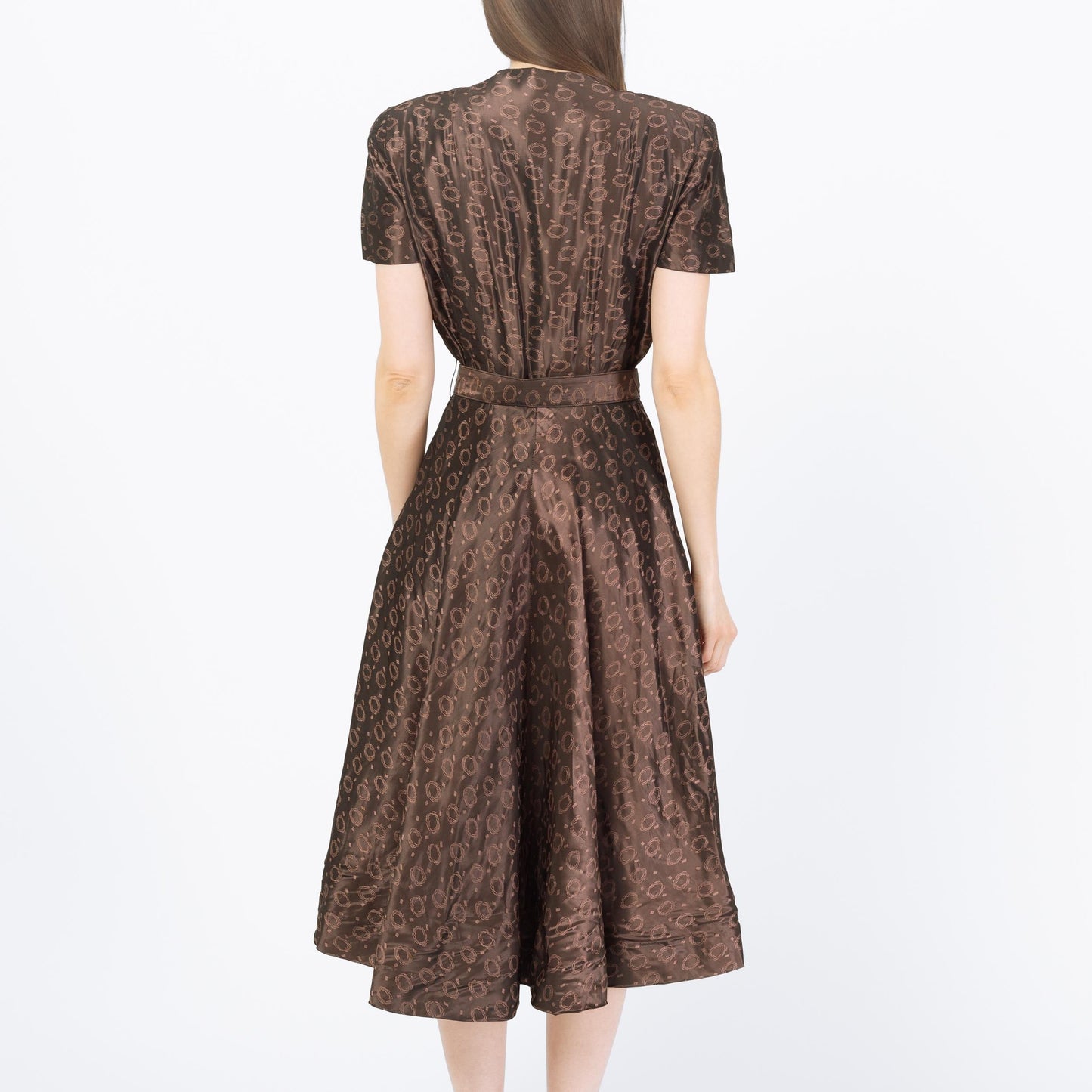 Vintage 1940s Brown Taffeta Swirl Print Deco Midi Dress - Small | Retro 40s Fit & Flare Belted Shirtwaist Dress