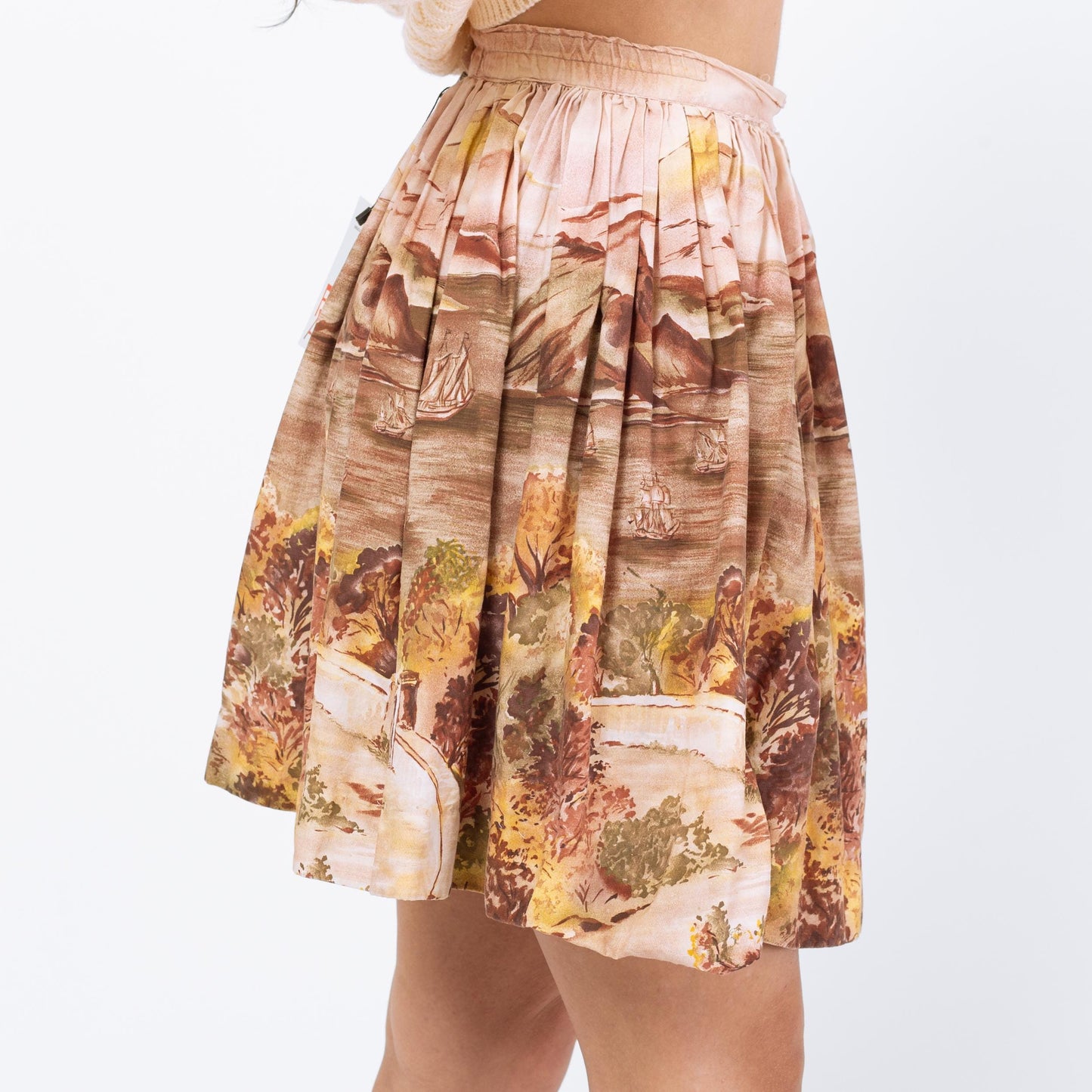 Vintage 1950s Scenic Novelty Print Mini Circle Skirt - XXS, 23" Waist | 50s Painted High Waisted Full Miniskirt
