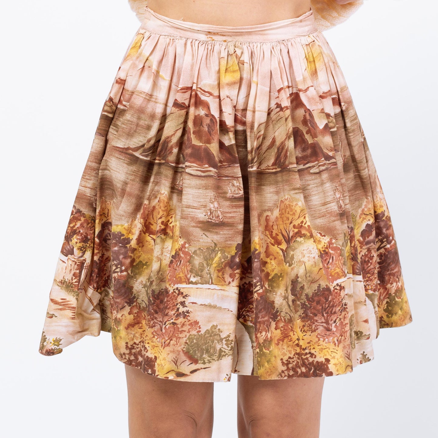 Vintage 1950s Scenic Novelty Print Mini Circle Skirt - XXS, 23" Waist | 50s Painted High Waisted Full Miniskirt