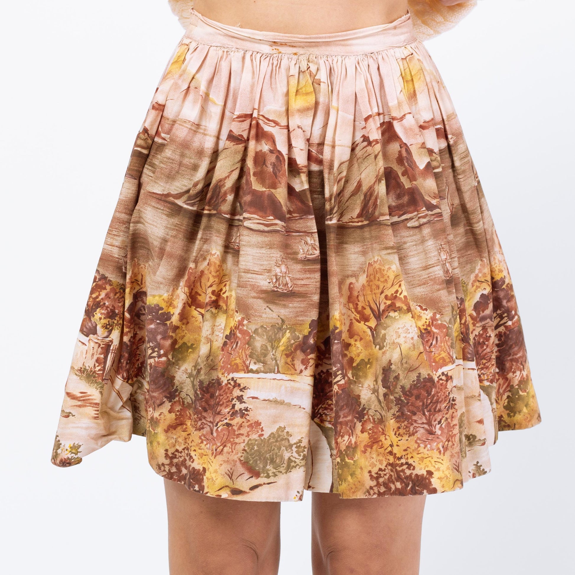 Vintage 1950s Scenic Novelty Print Mini Circle Skirt - XXS, 23" Waist | 50s Painted High Waisted Full Miniskirt
