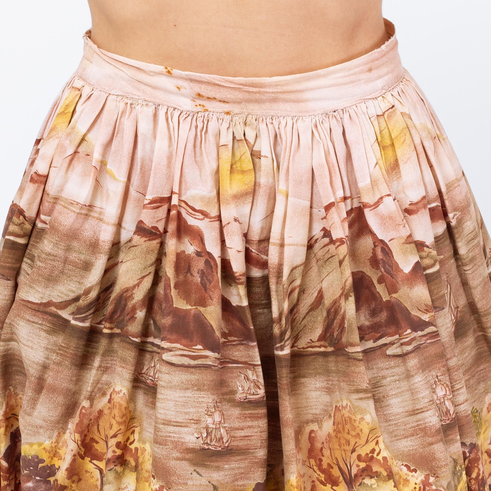 Vintage 1950s Scenic Novelty Print Mini Circle Skirt - XXS, 23" Waist | 50s Painted High Waisted Full Miniskirt