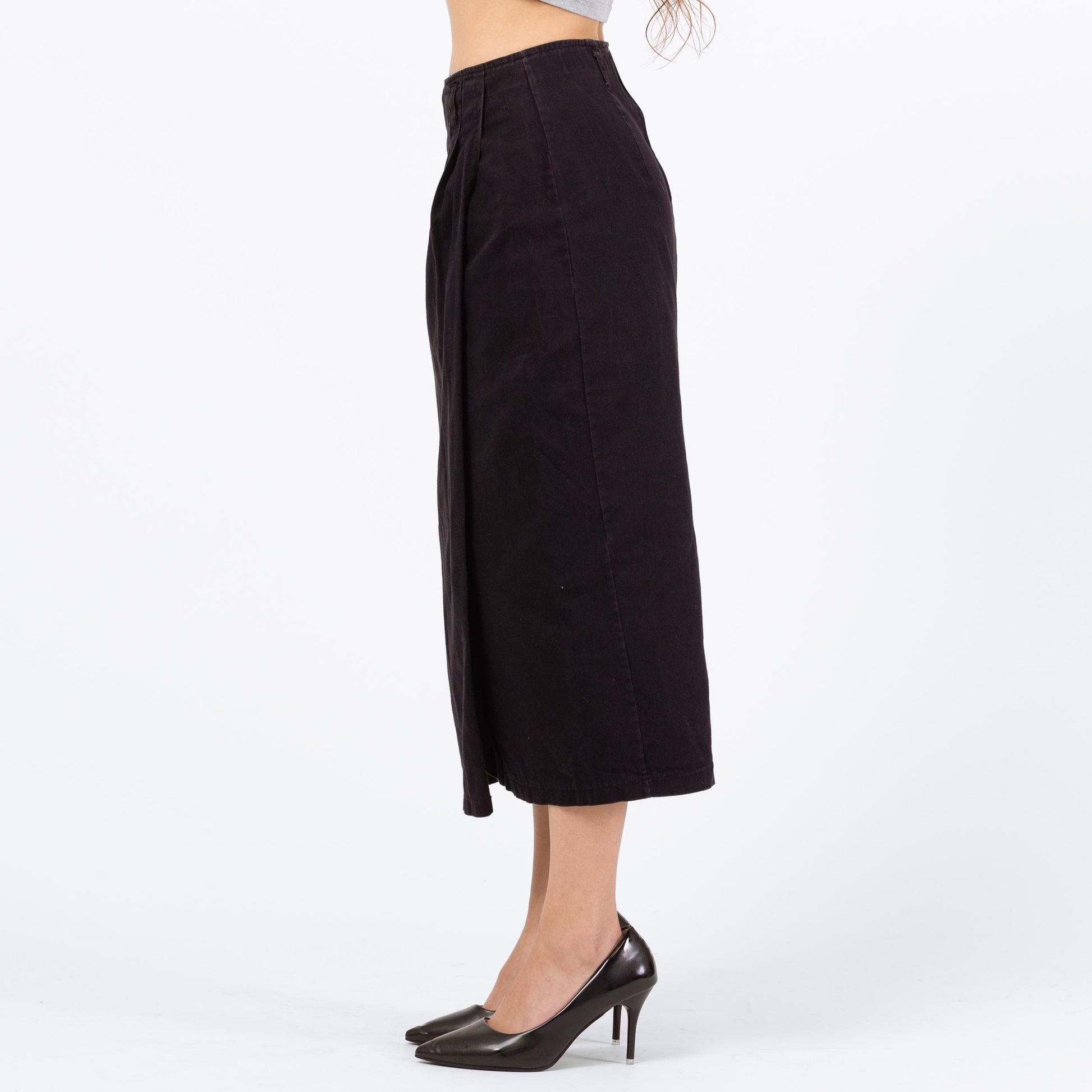Vintage 90s Black Cotton Midi Wrap Skirt - XS to Small, 26" Waist | Minimalist High Waisted Straight Skirt
