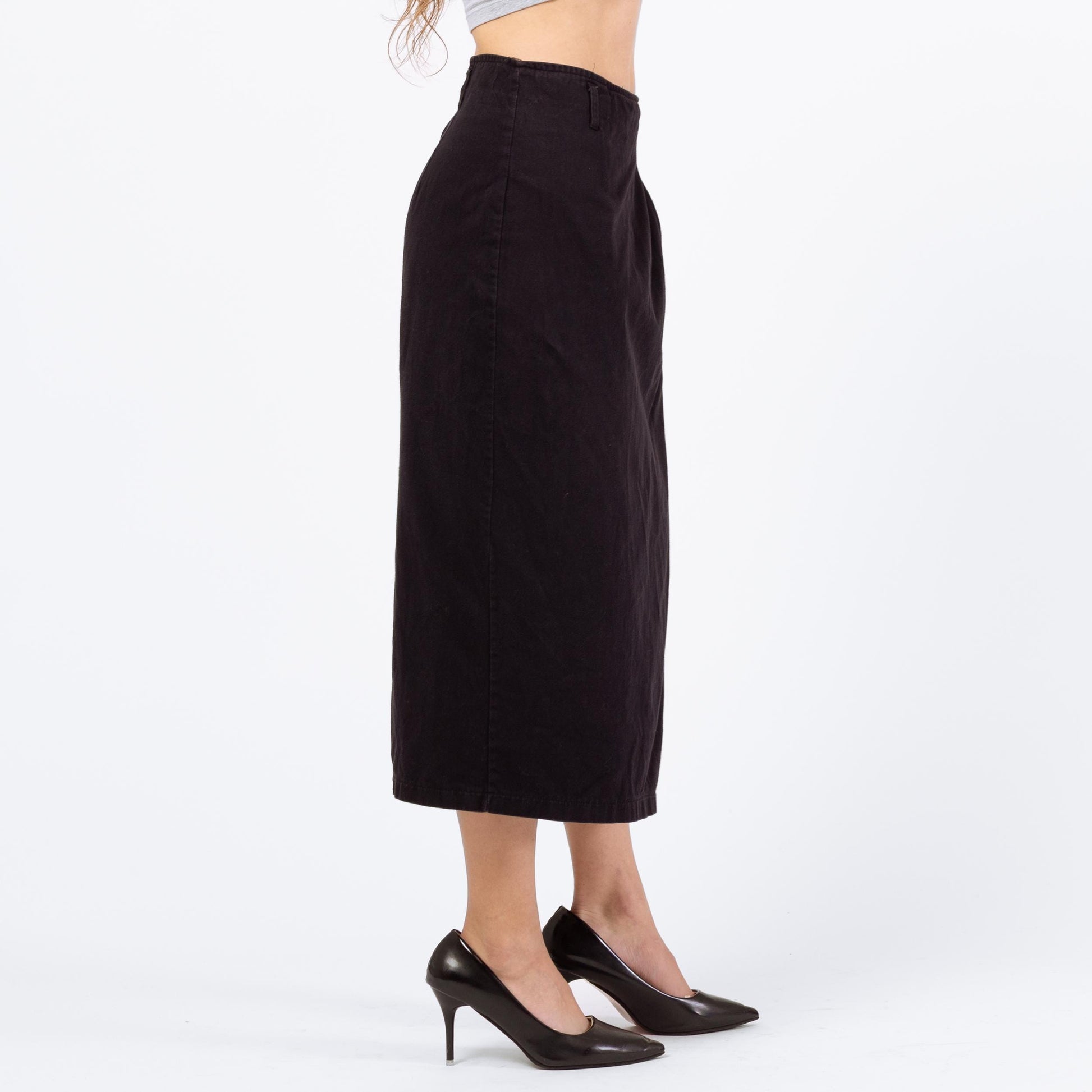 Vintage 90s Black Cotton Midi Wrap Skirt - XS to Small, 26" Waist | Minimalist High Waisted Straight Skirt