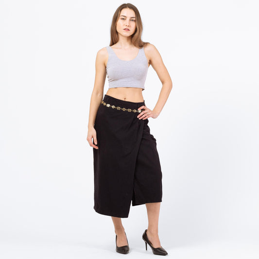 Vintage 90s Black Cotton Midi Wrap Skirt - XS to Small, 26" Waist | Minimalist High Waisted Straight Skirt