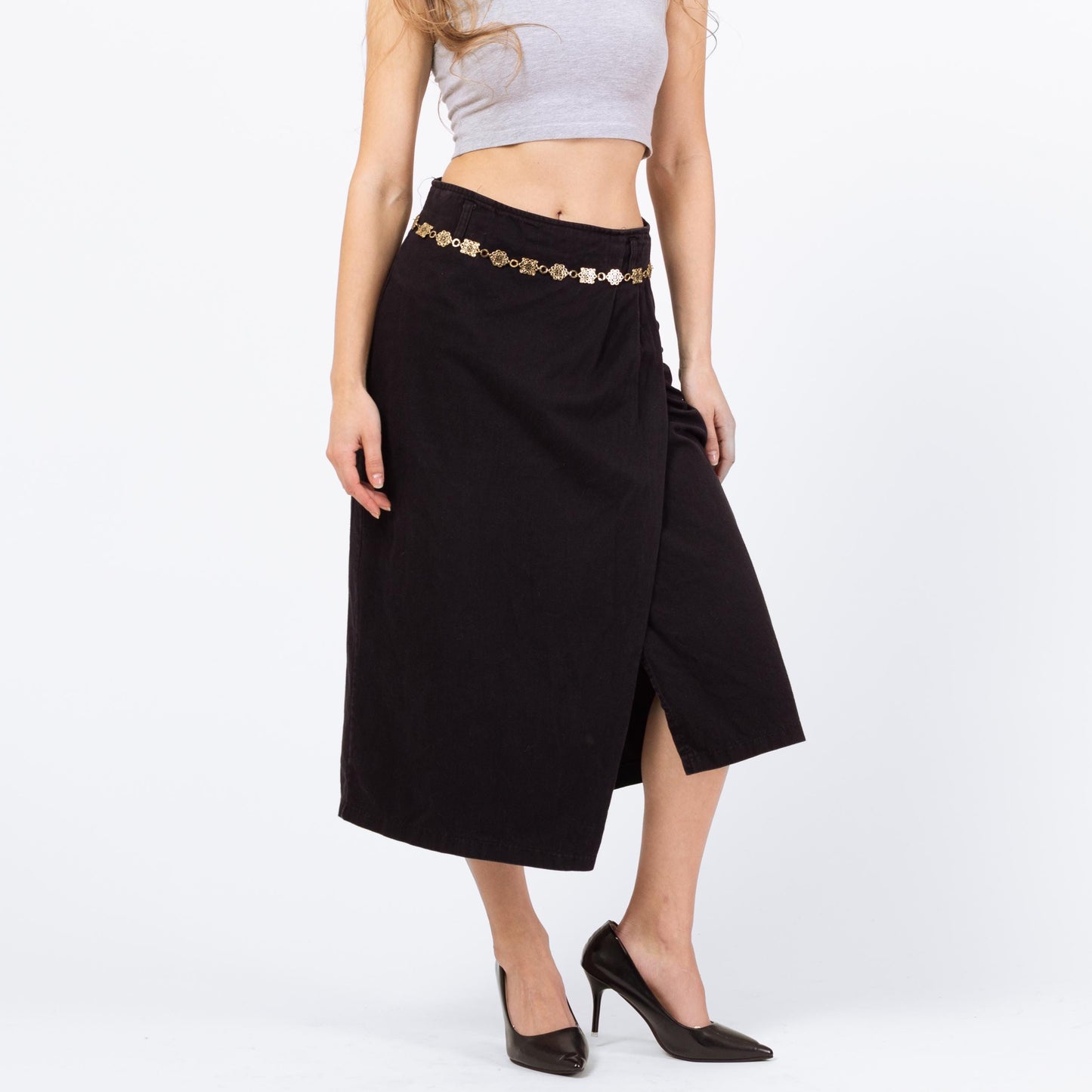 Vintage 90s Black Cotton Midi Wrap Skirt - XS to Small, 26" Waist | Minimalist High Waisted Straight Skirt