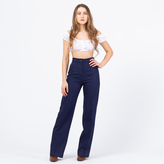 Vintage 70s Navy Blue High Waisted Pants - Extra Small, 24" Waist | Retro Bootcut Leg Trousers