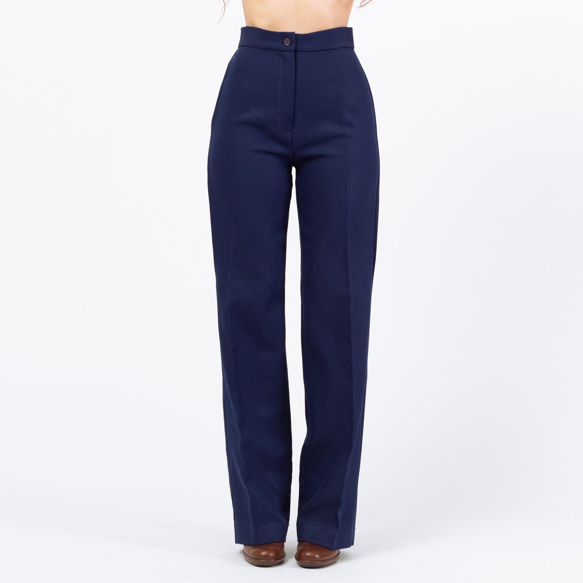 Vintage 70s Navy Blue High Waisted Pants - Extra Small, 24" Waist | Retro Bootcut Leg Trousers