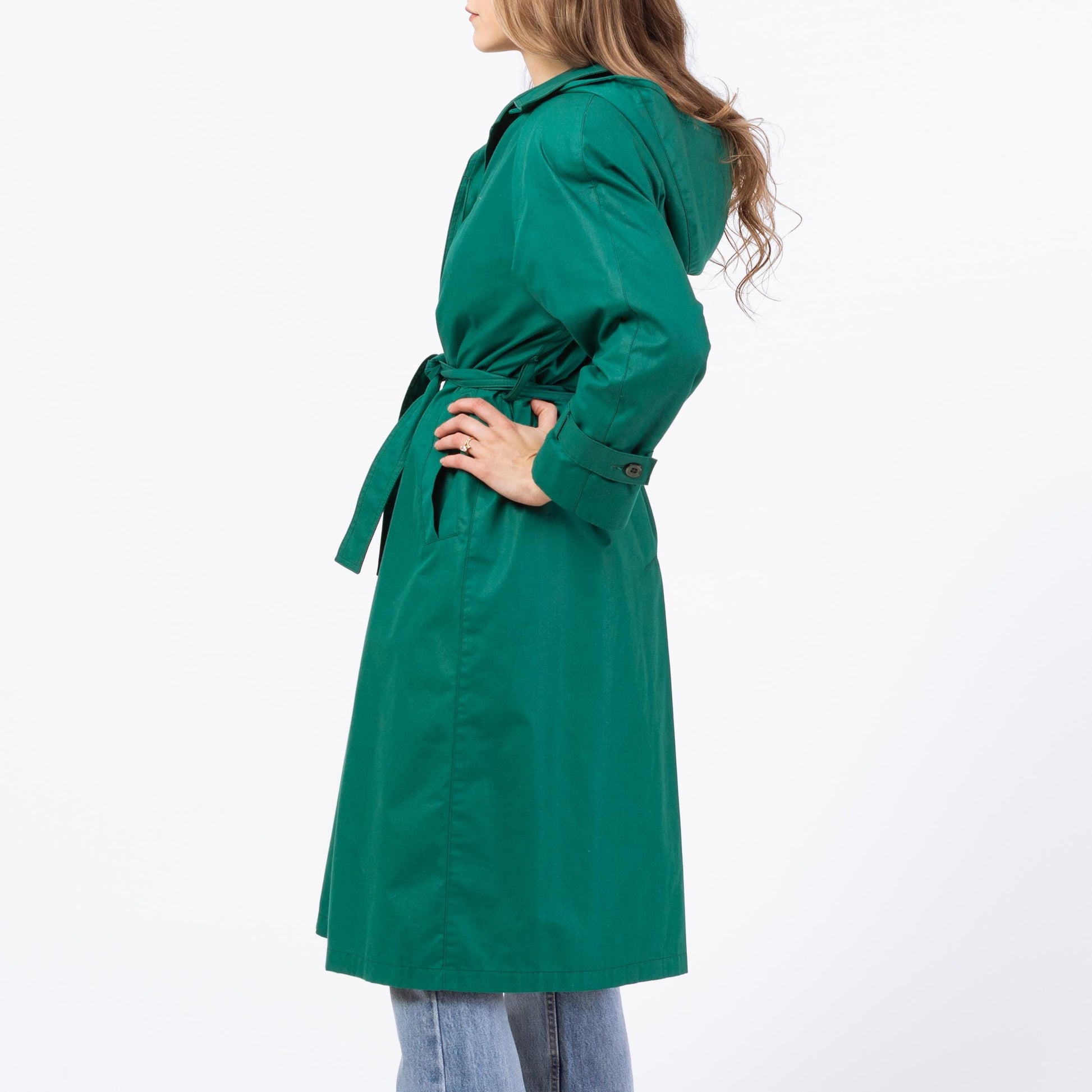 Vintage 80s London Fog Jade Green Hooded Trench Coat - Extra Small | Single Breasted Long Belted Rain Jacket
