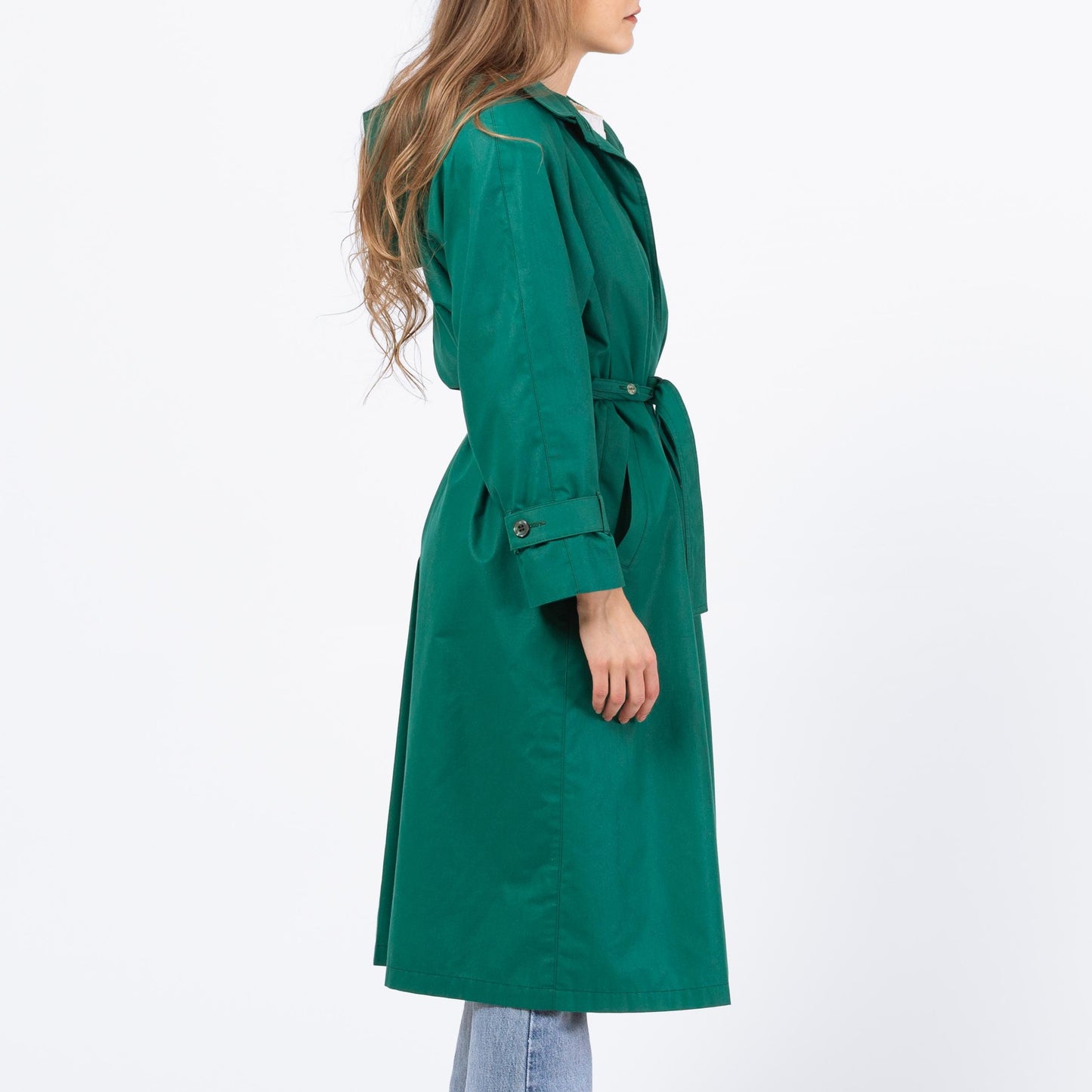 Vintage 80s London Fog Jade Green Hooded Trench Coat - Extra Small | Single Breasted Long Belted Rain Jacket