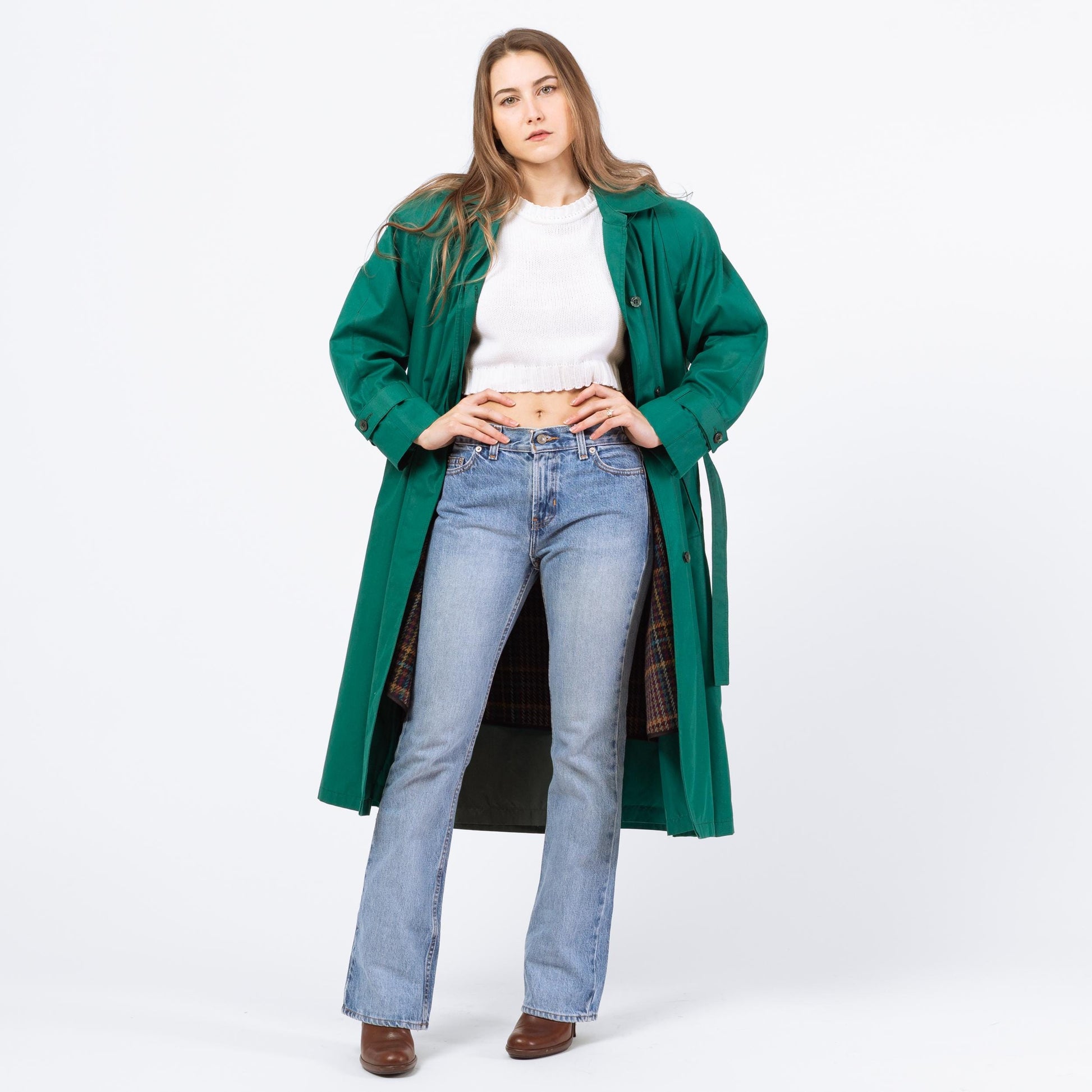 Vintage 80s London Fog Jade Green Hooded Trench Coat - Extra Small | Single Breasted Long Belted Rain Jacket