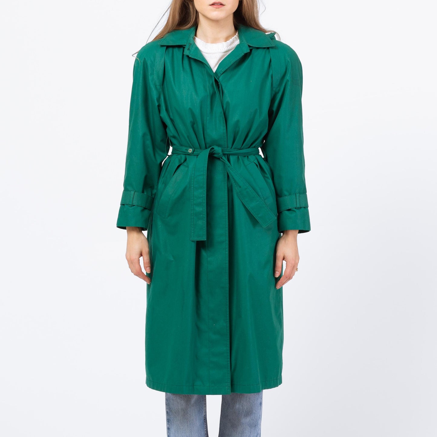 Vintage 80s London Fog Jade Green Hooded Trench Coat - Extra Small | Single Breasted Long Belted Rain Jacket