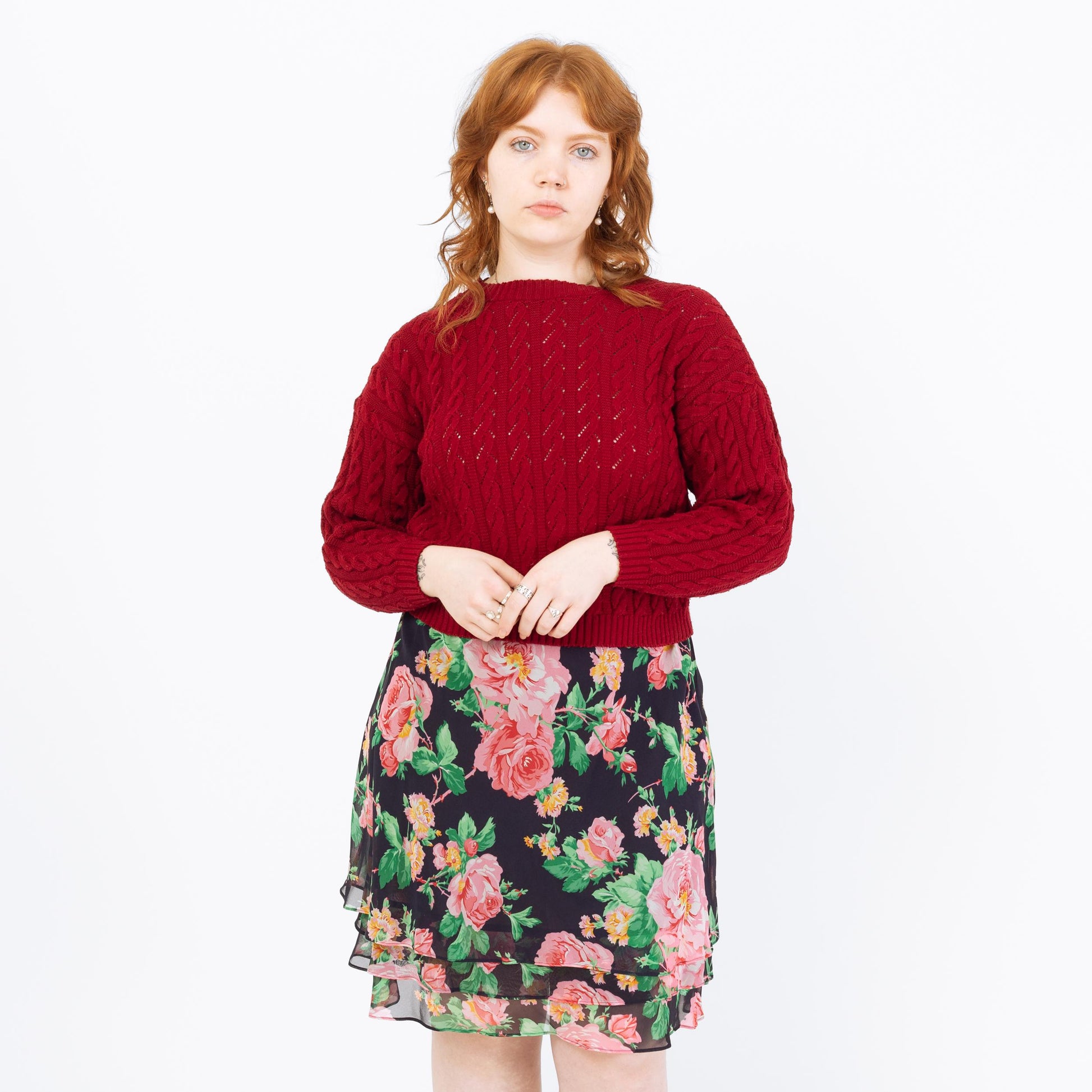 Vintage 90s Wine Red Cable Knit Cropped Sweater - Large | Maroon Open Weave Boatneck Pullover