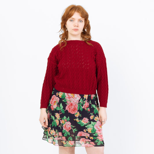 Vintage 90s Wine Red Cable Knit Cropped Sweater - Large | Maroon Open Weave Boatneck Pullover