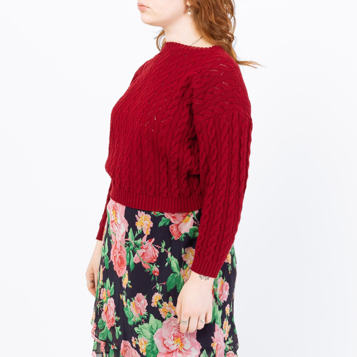 Vintage 90s Wine Red Cable Knit Cropped Sweater - Large | Maroon Open Weave Boatneck Pullover