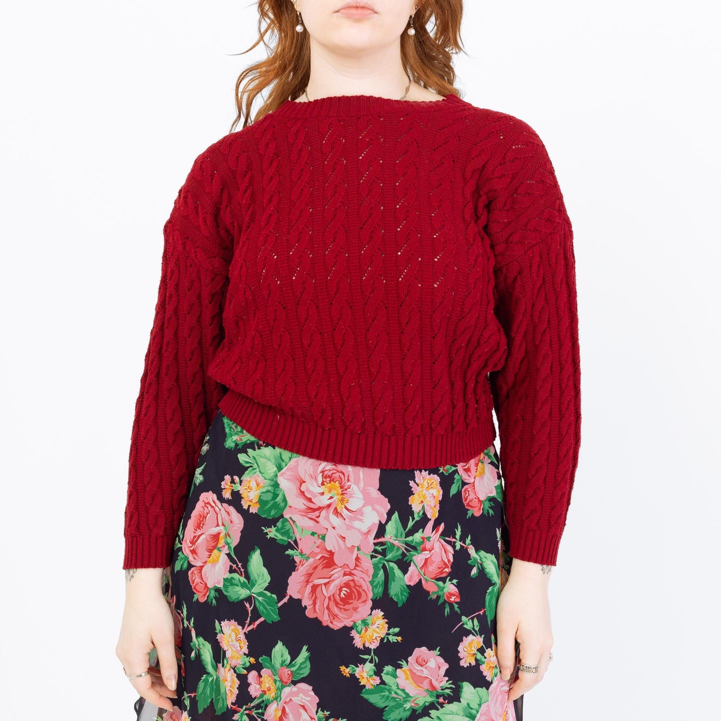 Vintage 90s Wine Red Cable Knit Cropped Sweater - Large | Maroon Open Weave Boatneck Pullover