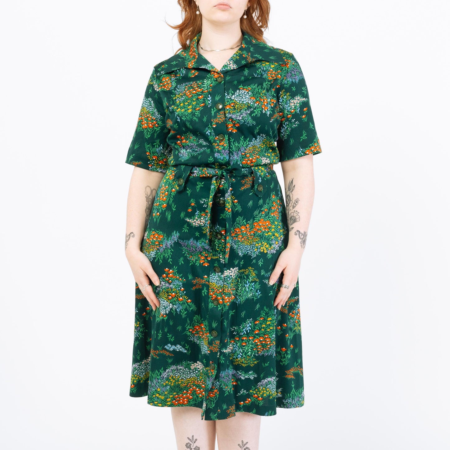 Vintage 70s Green Wildflower Floral Belted Shirtdress - Large | Short Sleeve Collared Fit & Flare Secretary Dress