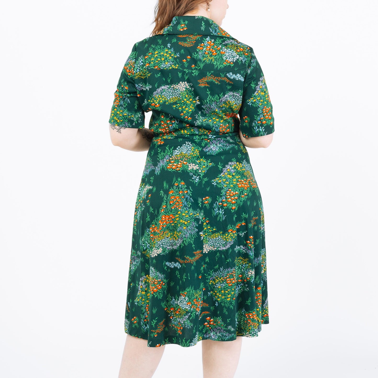 Vintage 70s Green Wildflower Floral Belted Shirtdress - Large | Short Sleeve Collared Fit & Flare Secretary Dress