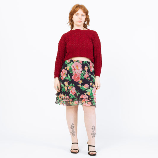 Vintage 90s Ralph Lauren Silk Floral Skirt – Large | Navy Blue Knee Length Mini Skirt