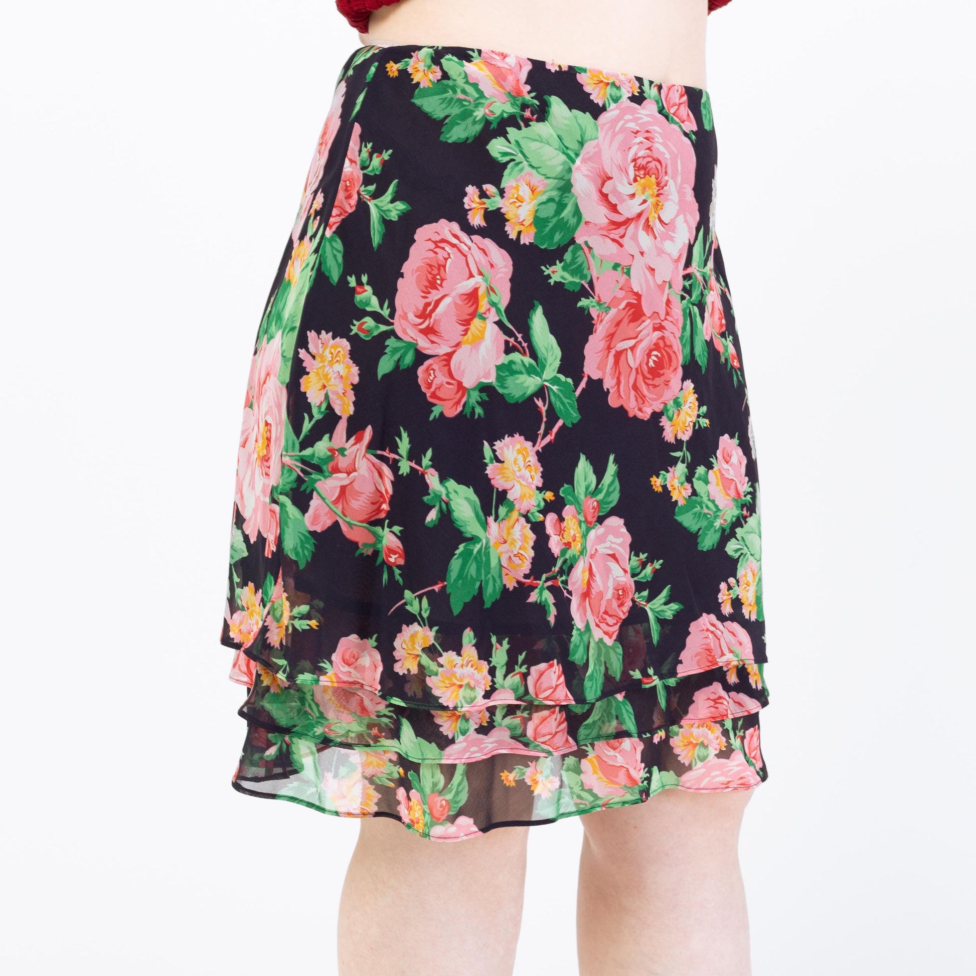 Vintage 90s Ralph Lauren Silk Floral Skirt – Large | Navy Blue Knee Length Mini Skirt