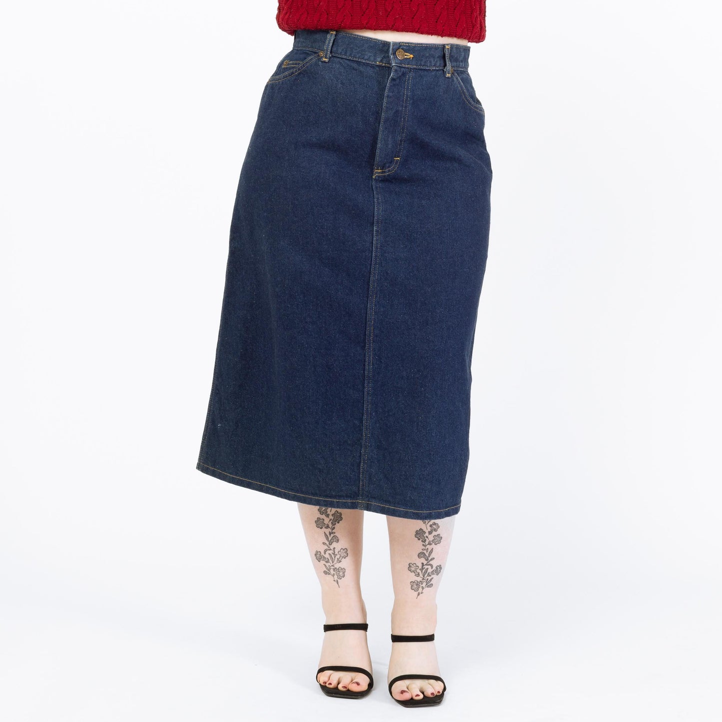 Vintage 90s Lee Denim Midi Skirt - Large, 32" Waist | High Waisted Dark Wash Jean Skirt