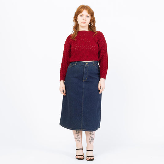 Vintage 90s Lee Denim Midi Skirt - Large, 32" Waist | High Waisted Dark Wash Jean Skirt