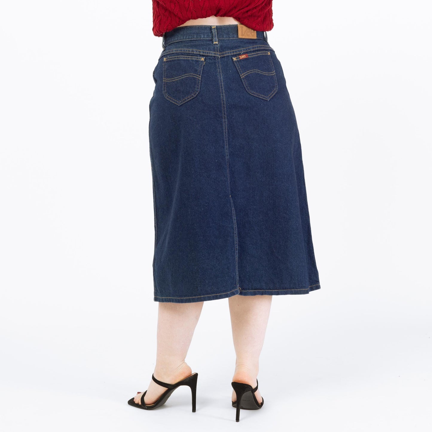 Vintage 90s Lee Denim Midi Skirt - Large, 32" Waist | High Waisted Dark Wash Jean Skirt