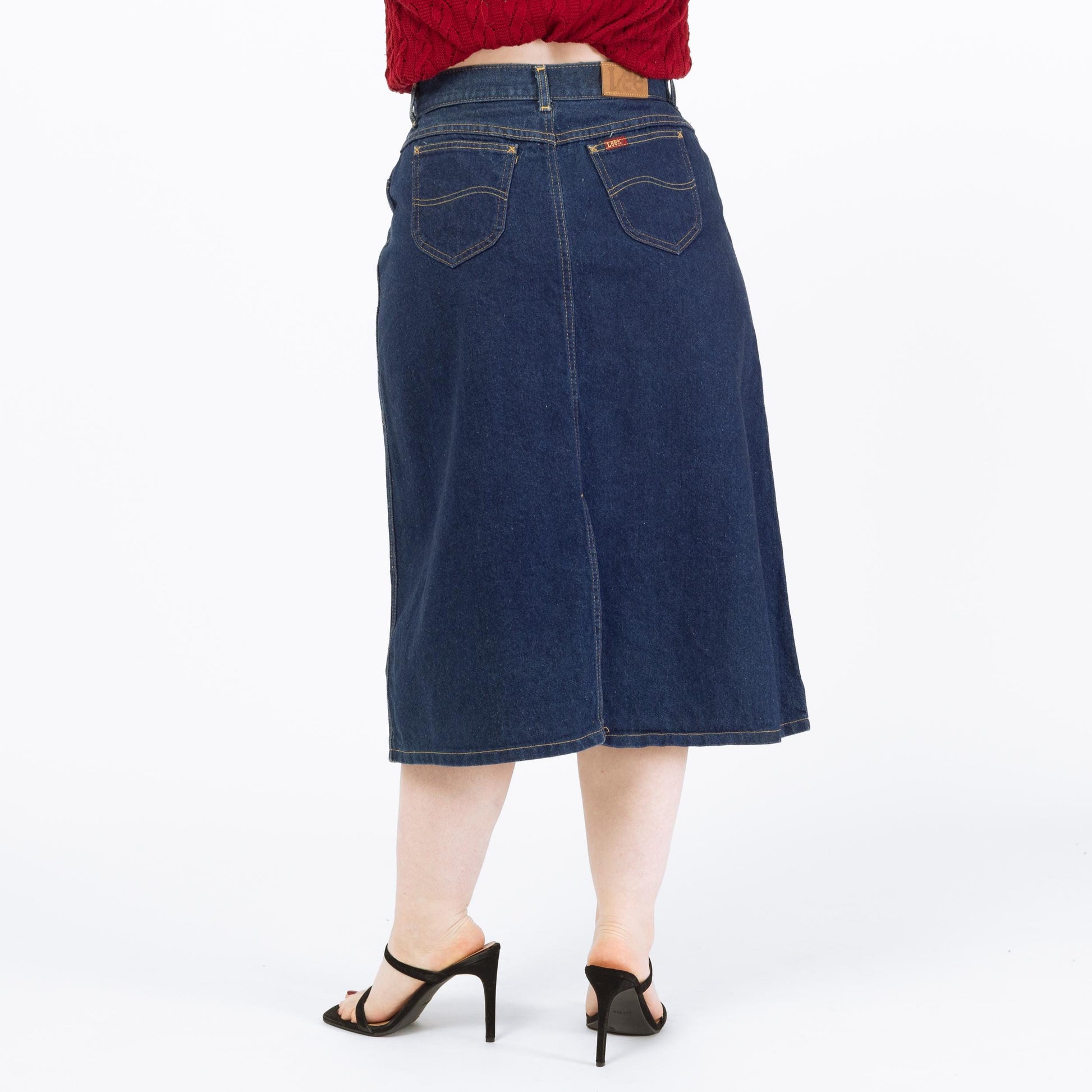 Vintage 90s Lee Denim Midi Skirt - Large, 32" Waist | High Waisted Dark Wash Jean Skirt