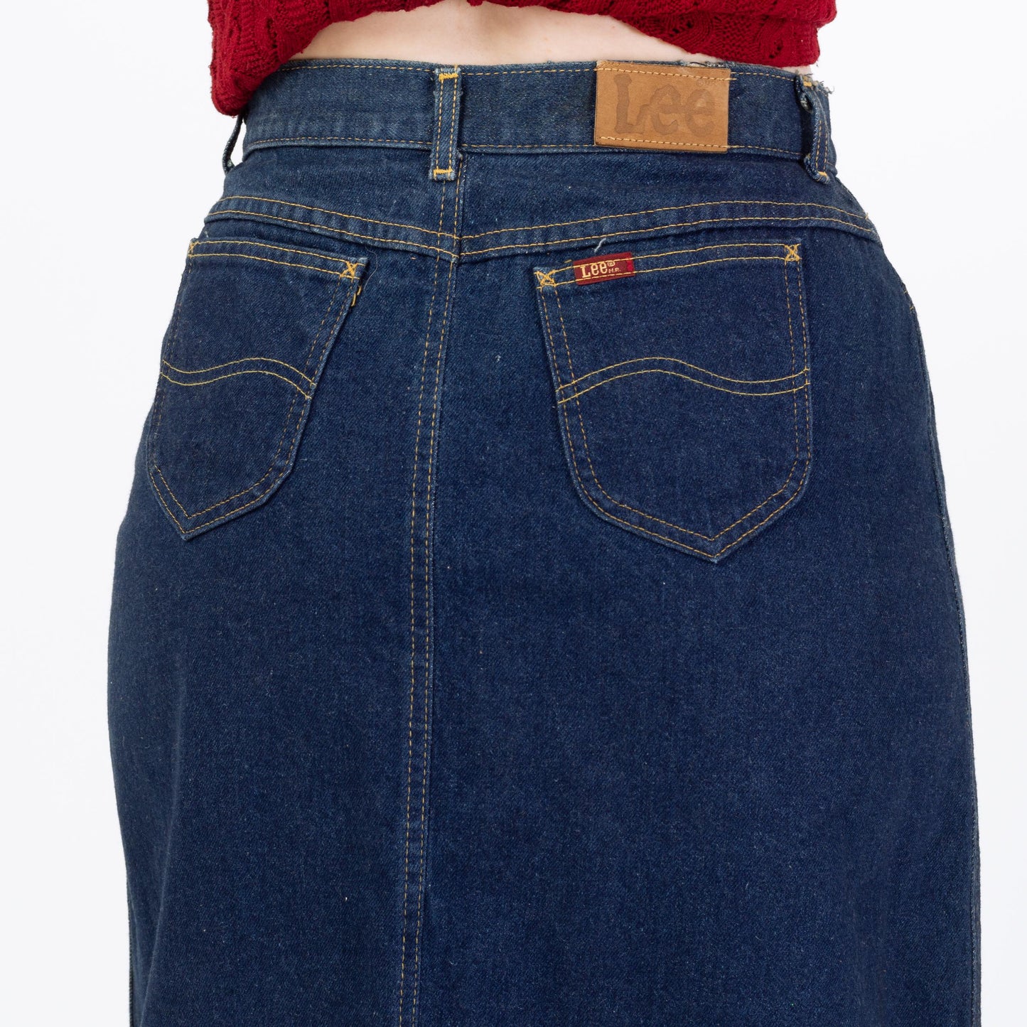 Vintage 90s Lee Denim Midi Skirt - Large, 32" Waist | High Waisted Dark Wash Jean Skirt