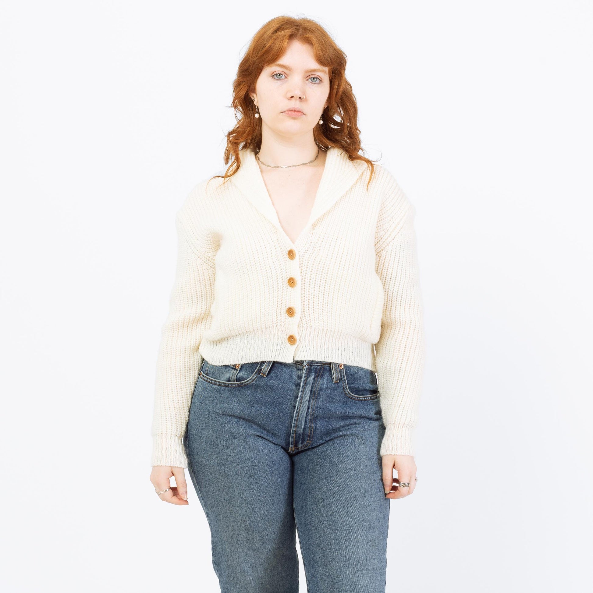 Vintage 80s White Cropped Shawl Collar Cardigan - Large | Chunky Knit Button Up Sweater